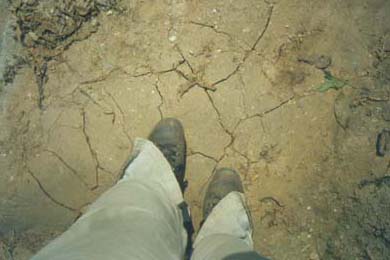 Wanderschuhe auf rissigem Boden