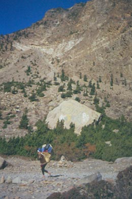 Stein mit Mantra-Schriftzug und Porter davor