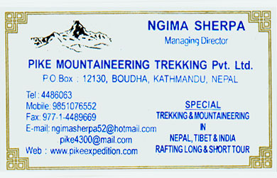 Visitenkarte von Ngima Sherpas Büro in Bouddha bei Kathmandu