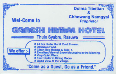 die Visitenkarte des Hotel Ganesh Himal in Thulo Syabru