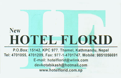 die Visitenkarte des New Hotel Florid in Thamel, Kathmandu