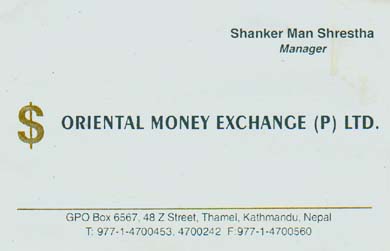 dei Visitenkarte des Oriantal Money Exchange, Thamel, Kathmandu