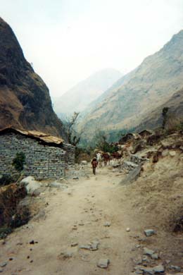 Pfad mit Steinhtte, Bergen und Maultieren